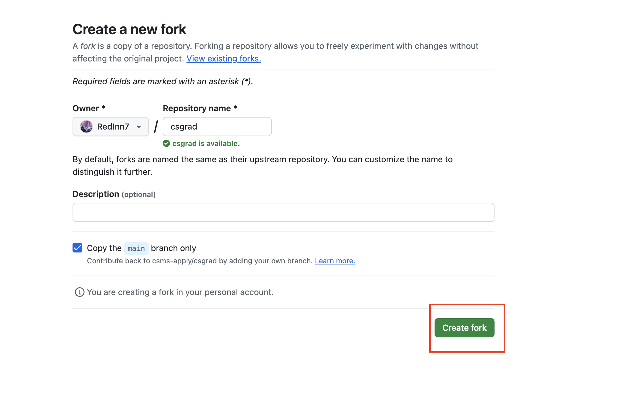 GitHub create-fork form for CS Grad